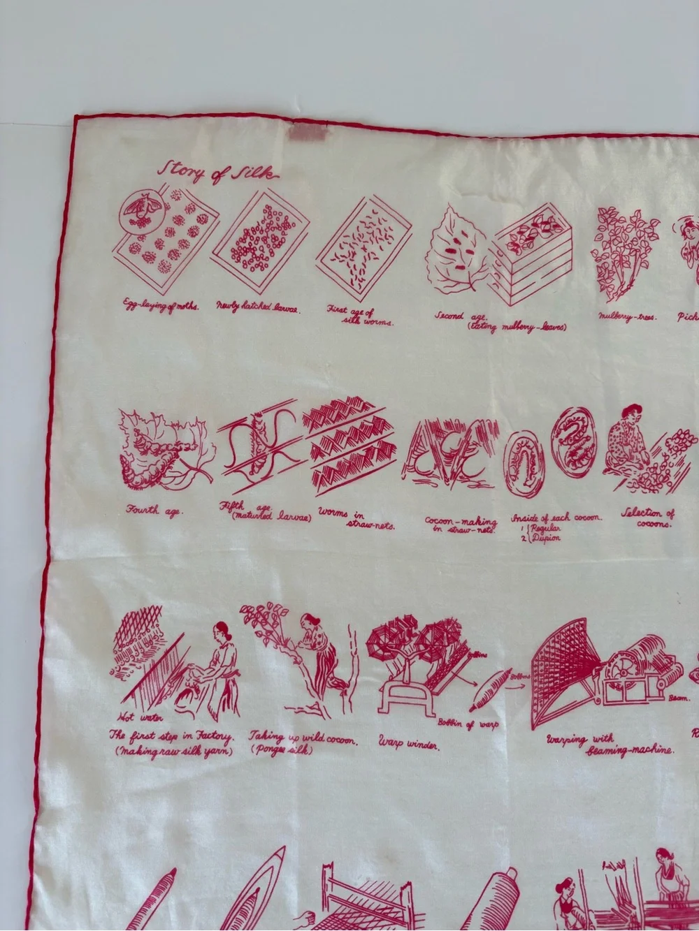 VNTG Story Of Silk White Pink Novelty Print Handkerchief Scarf Silkworm Artsy